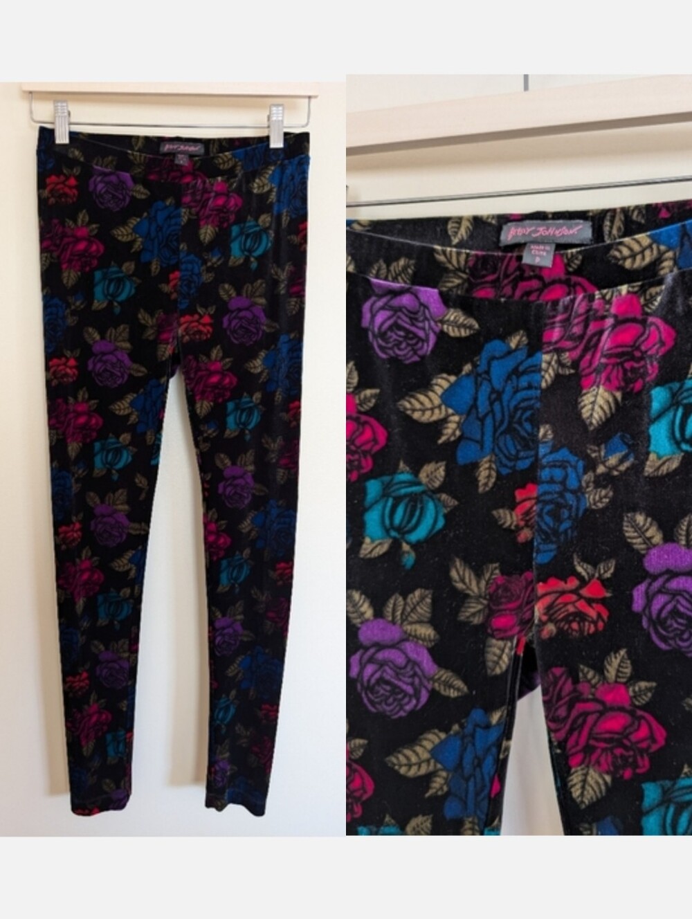 Betsey Johnson rose floral stretch velvet leggings p xs